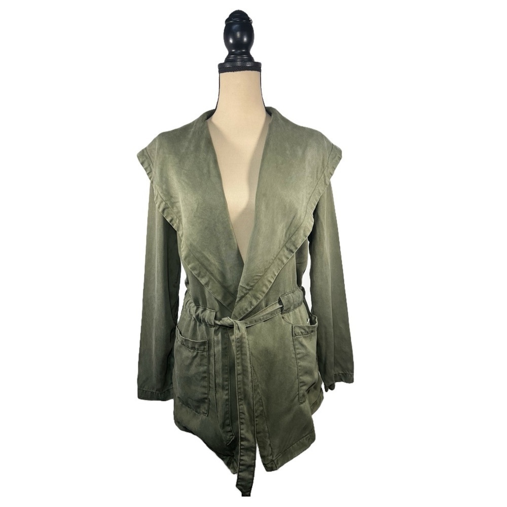 Max Jeans Long Sleeve Olive Green Drape Drawstring Belt Trench Coat Women size M - Picture 2 of 10